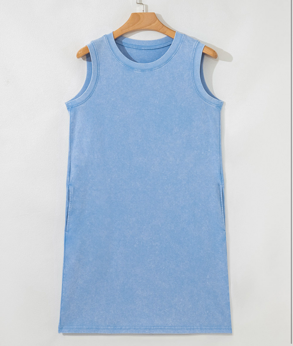 Light Blue Mineral Wash Tank Dress with Pockets
