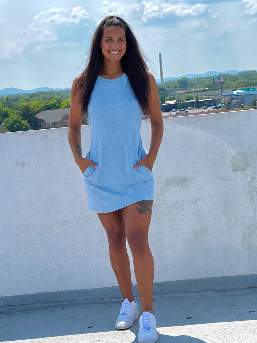 Light Blue Mineral Wash Tank Dress with Pockets