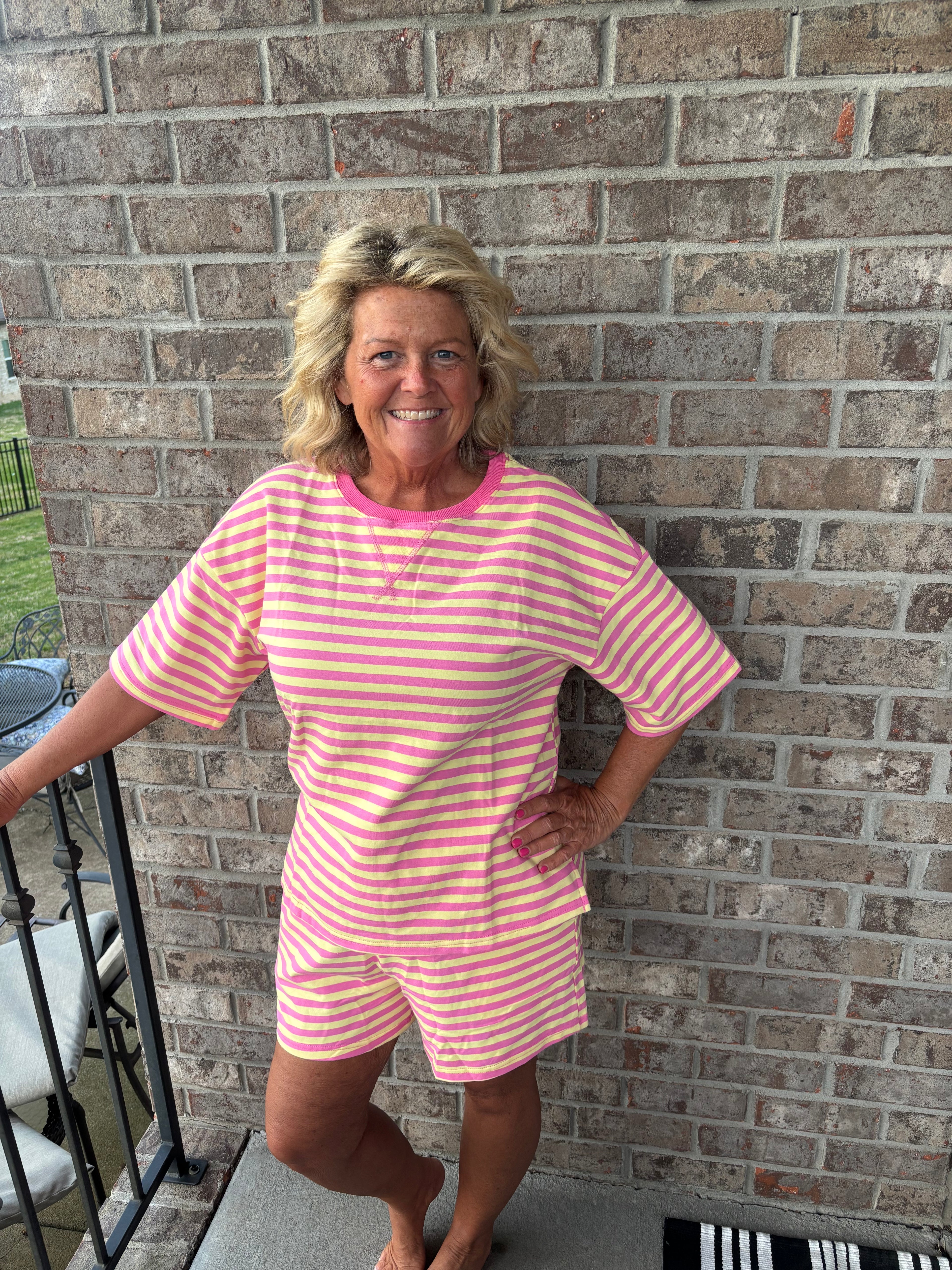 Pink & Yellow Drop Shoulder Striped Short Sleeve Co-ord