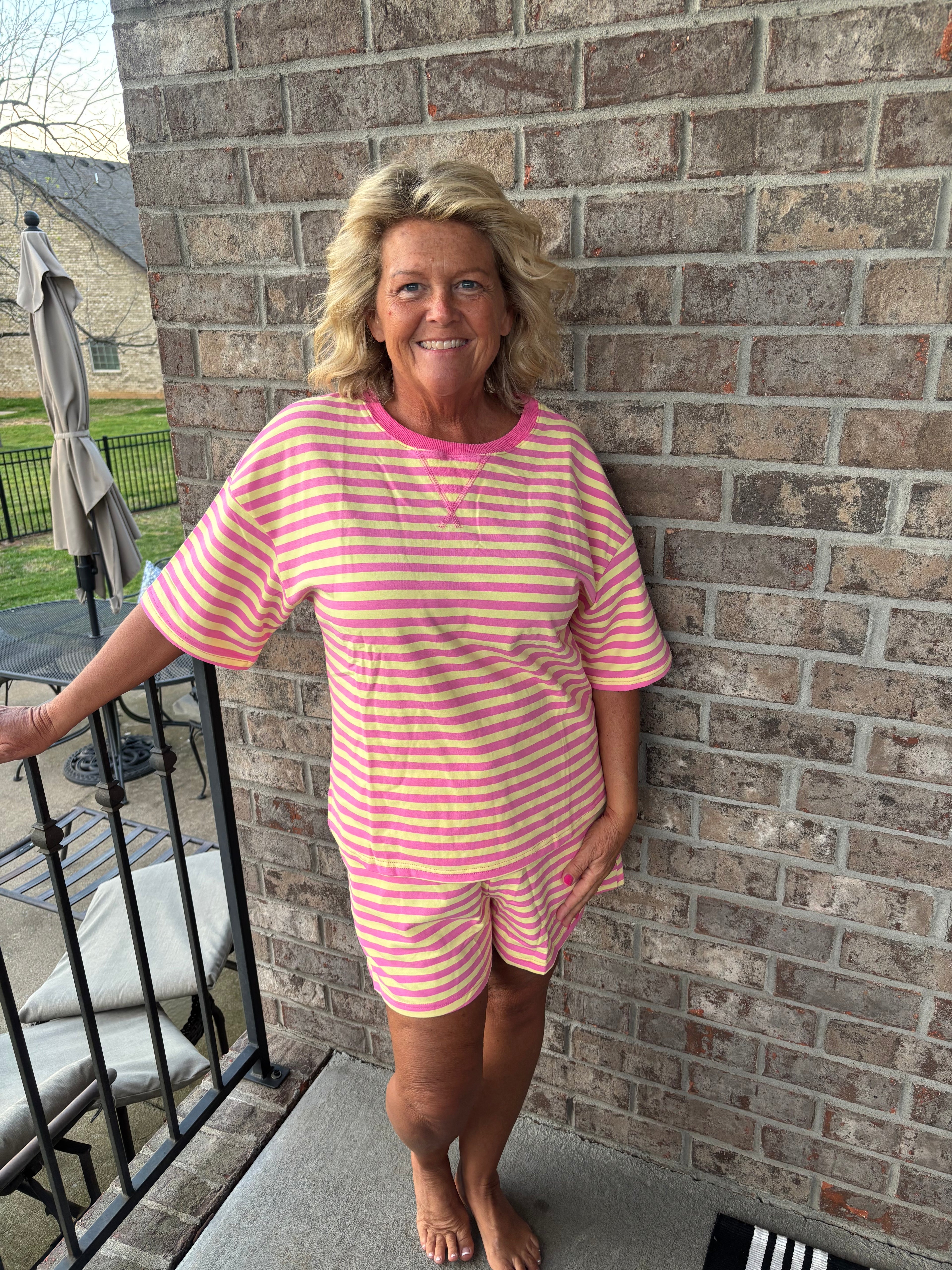 Pink & Yellow Drop Shoulder Striped Short Sleeve Co-ord