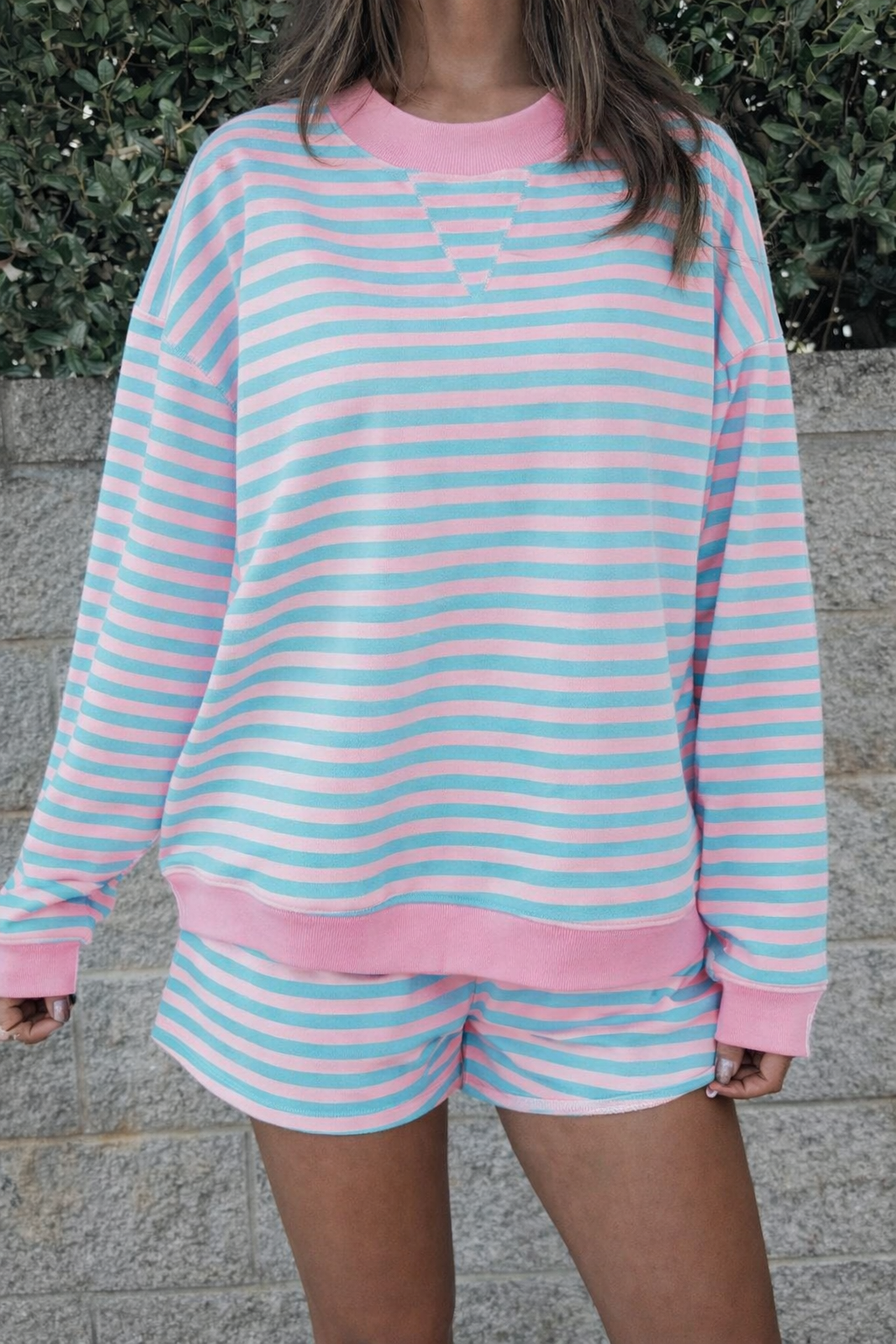 Pink & Blue Striped Color Block Long Sleeve Pull Over Elastic Waist Co-ord