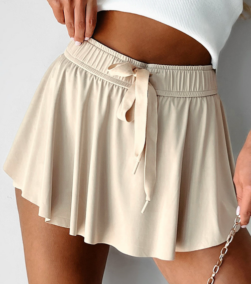Beige Elastic Waist Tennis Skirt